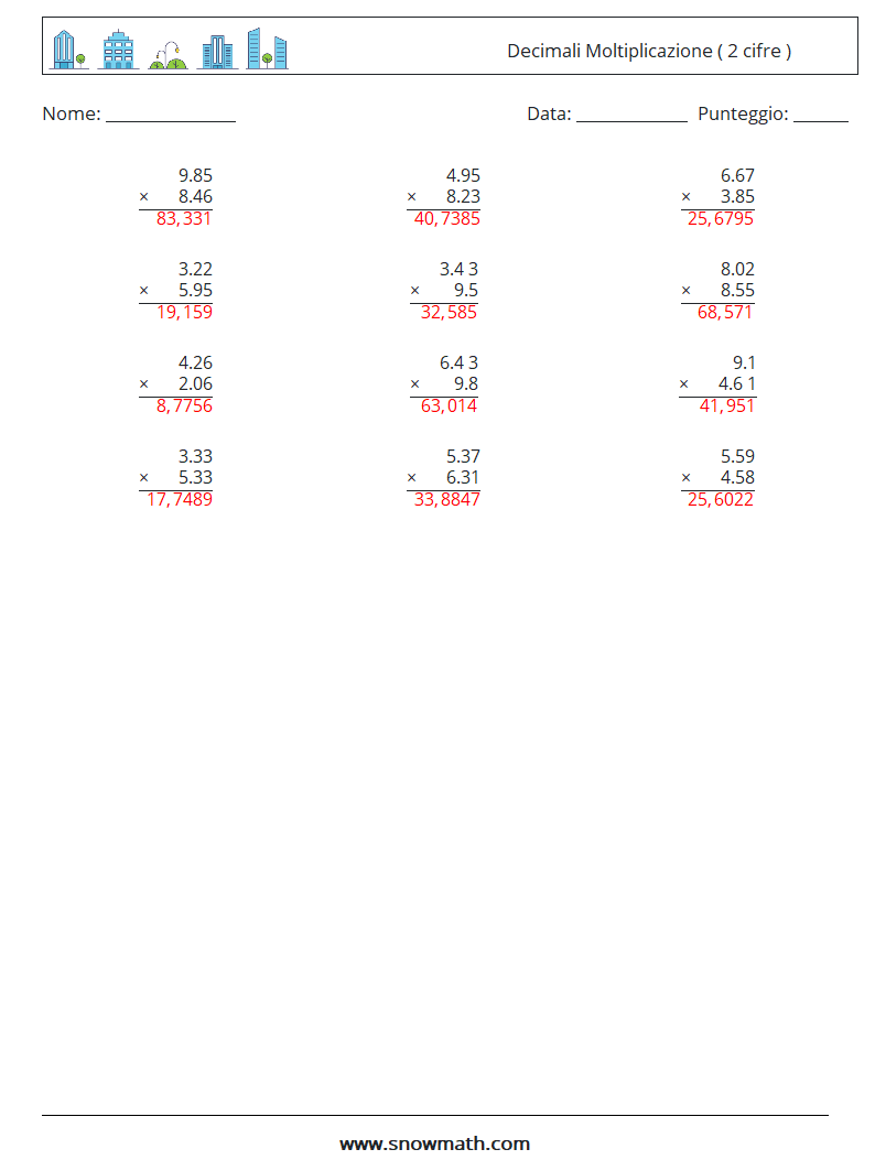 (12) Decimali Moltiplicazione ( 2 cifre ) Fogli di lavoro di matematica 18 Domanda, Risposta