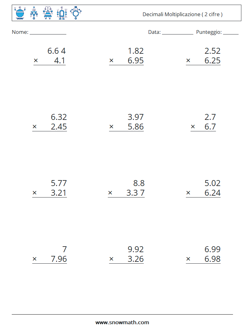 (12) Decimali Moltiplicazione ( 2 cifre ) Fogli di lavoro di matematica 3