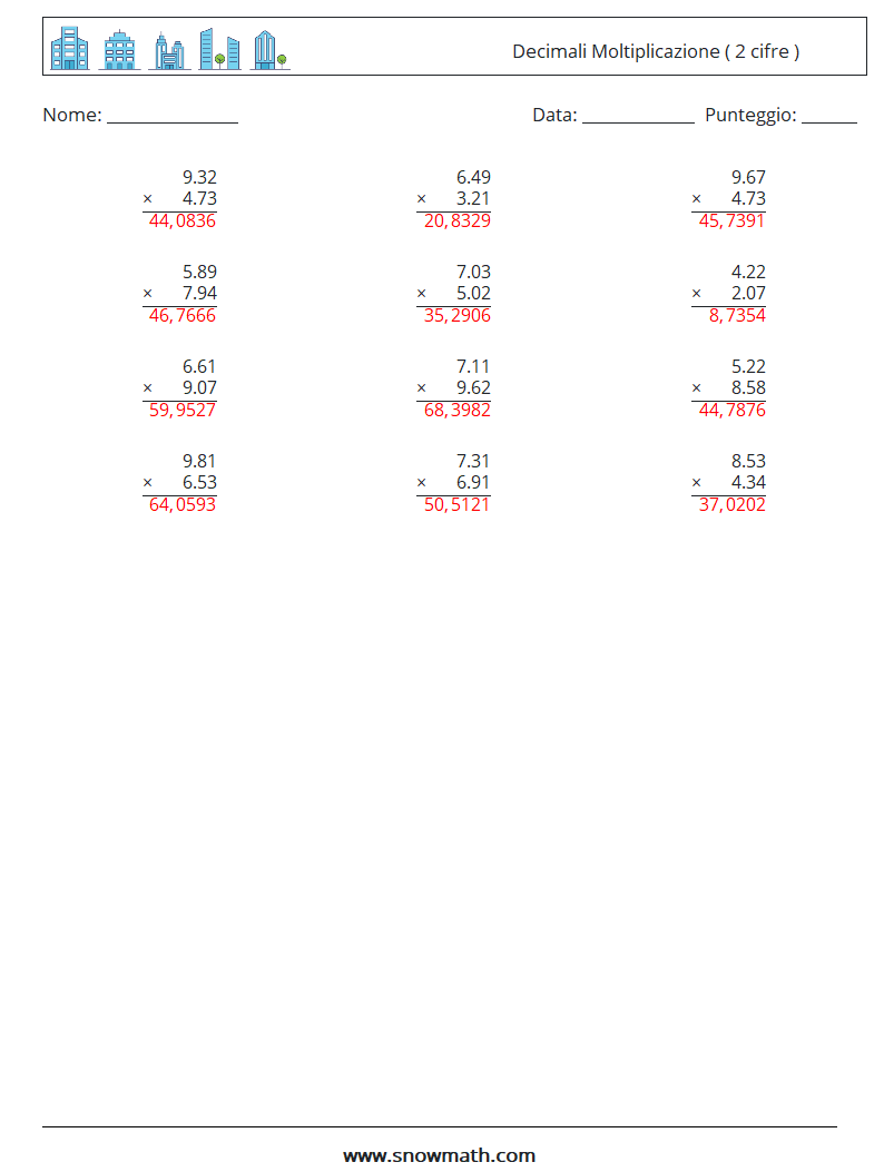 (12) Decimali Moltiplicazione ( 2 cifre ) Fogli di lavoro di matematica 7 Domanda, Risposta