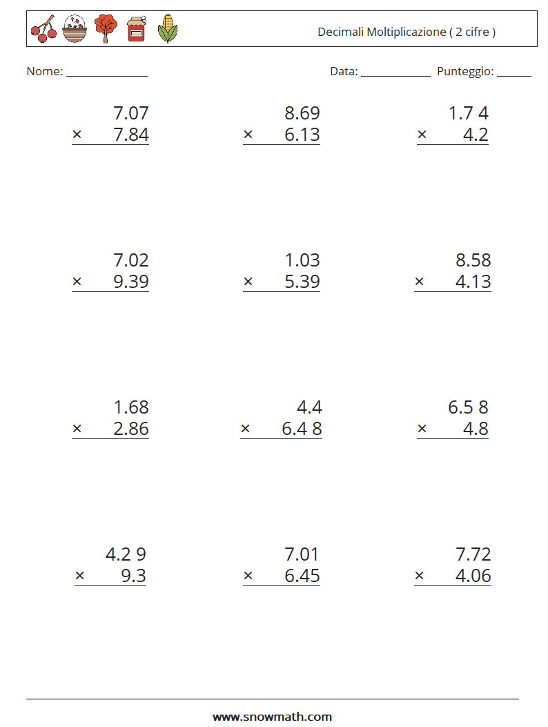 (12) Decimali Moltiplicazione ( 2 cifre ) Fogli di lavoro di matematica 8