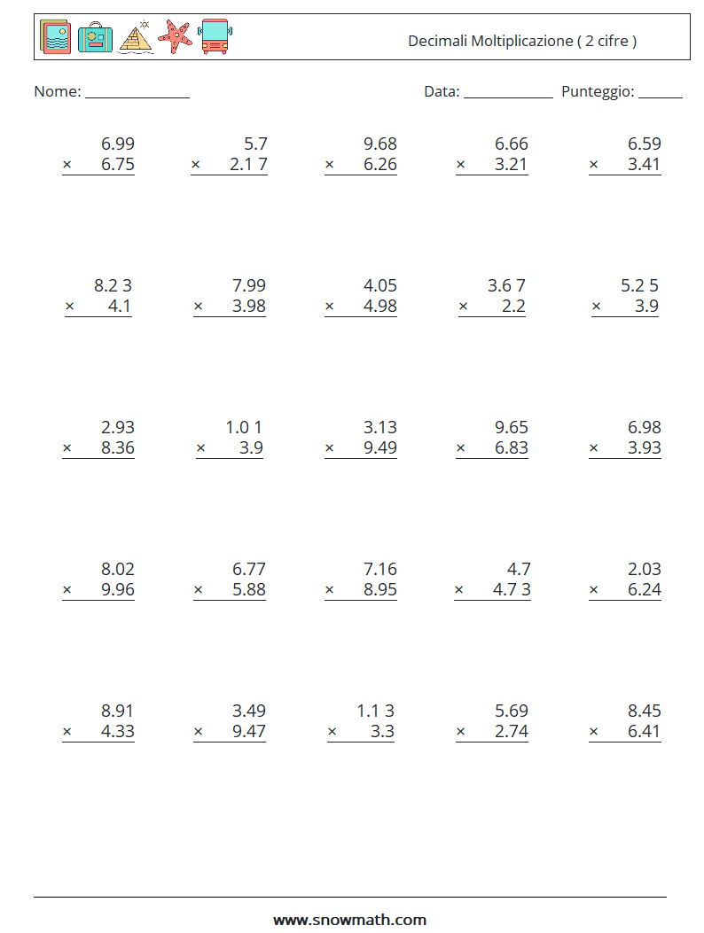 (25) Decimali Moltiplicazione ( 2 cifre ) Fogli di lavoro di matematica 1