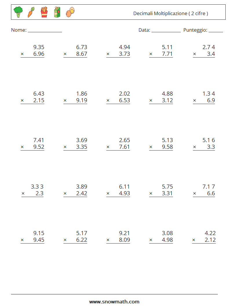 (25) Decimali Moltiplicazione ( 2 cifre ) Fogli di lavoro di matematica 10