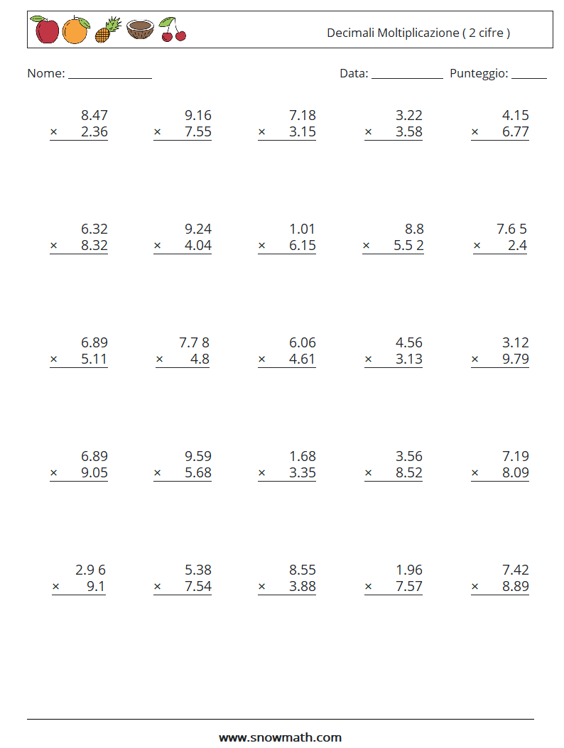 (25) Decimali Moltiplicazione ( 2 cifre ) Fogli di lavoro di matematica 11