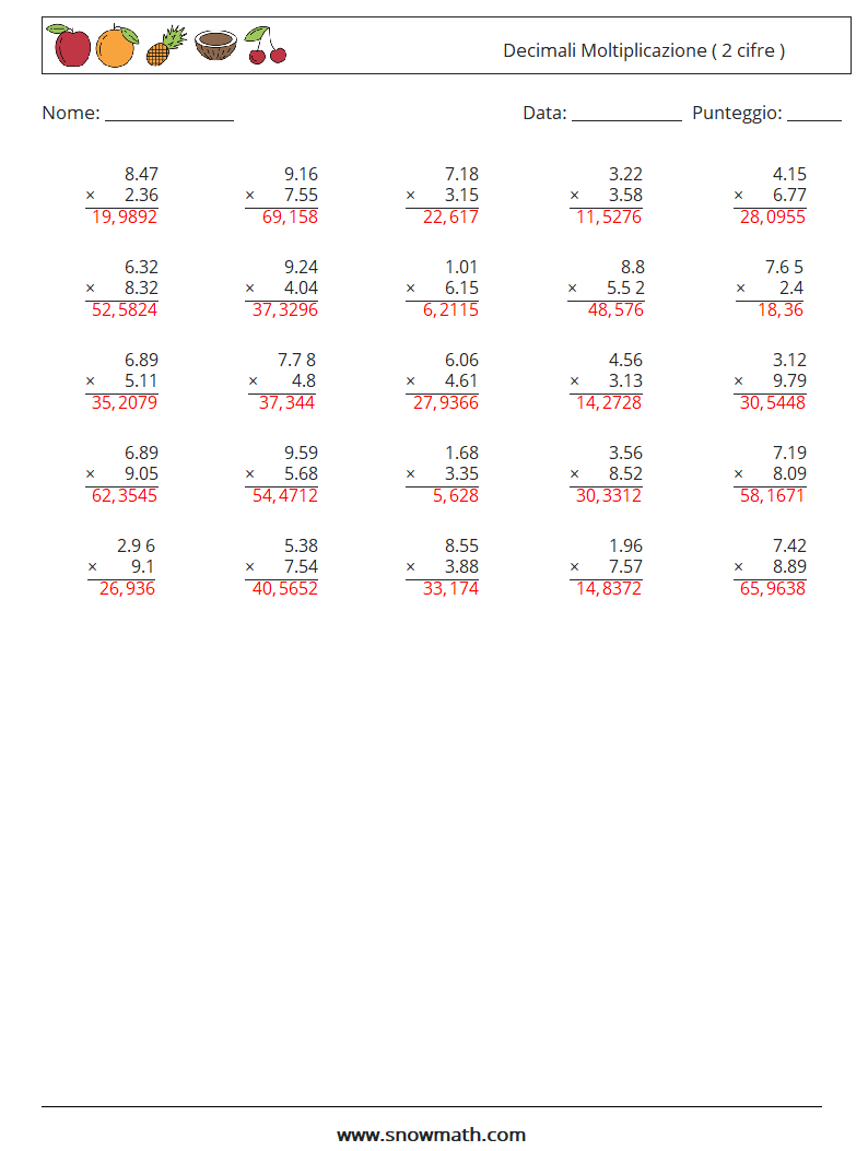 (25) Decimali Moltiplicazione ( 2 cifre ) Fogli di lavoro di matematica 11 Domanda, Risposta