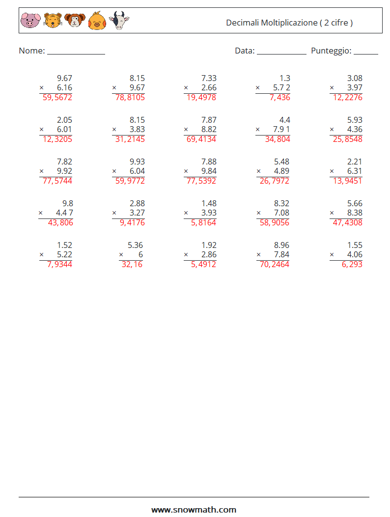 (25) Decimali Moltiplicazione ( 2 cifre ) Fogli di lavoro di matematica 12 Domanda, Risposta