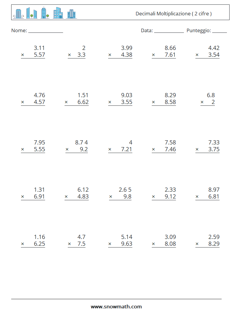 (25) Decimali Moltiplicazione ( 2 cifre ) Fogli di lavoro di matematica 13