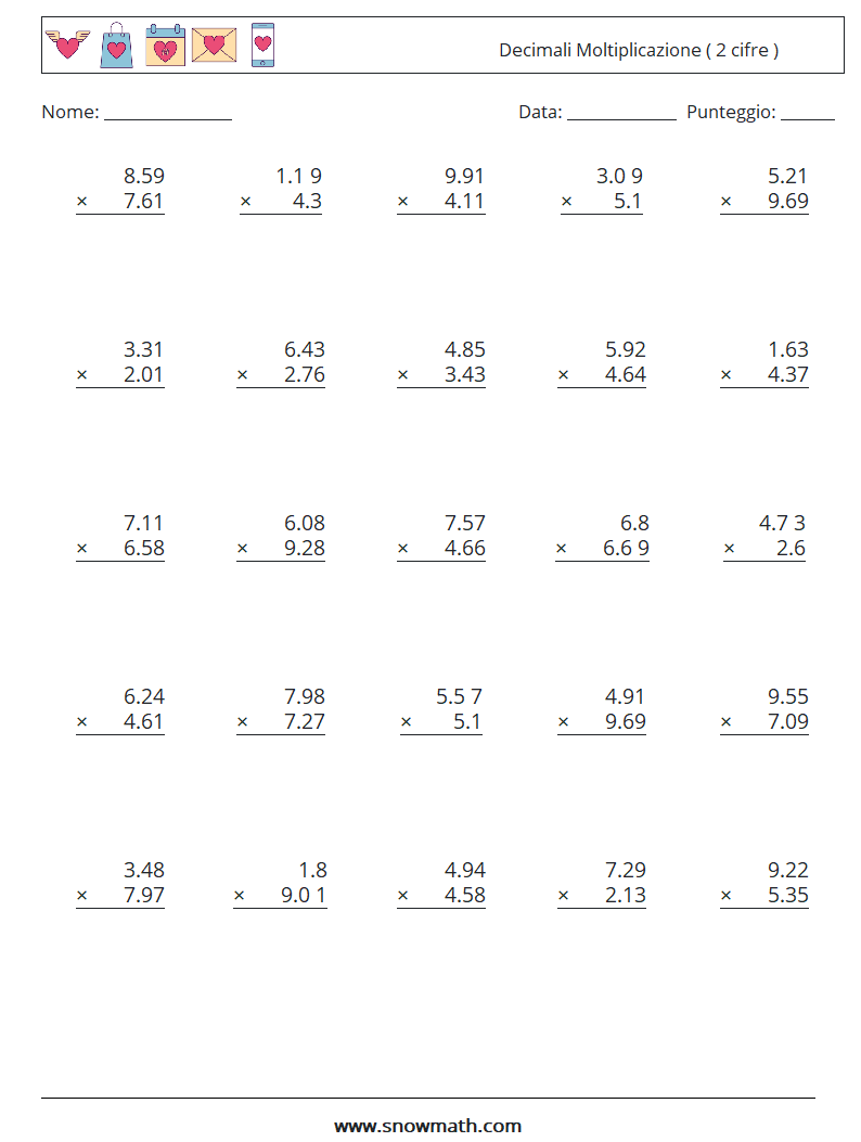 (25) Decimali Moltiplicazione ( 2 cifre ) Fogli di lavoro di matematica 14