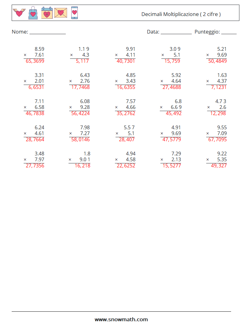 (25) Decimali Moltiplicazione ( 2 cifre ) Fogli di lavoro di matematica 14 Domanda, Risposta
