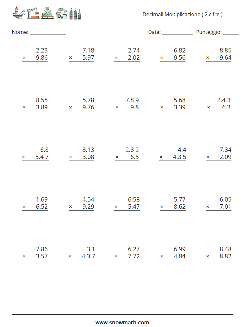 (25) Decimali Moltiplicazione ( 2 cifre ) Fogli di lavoro di matematica 15