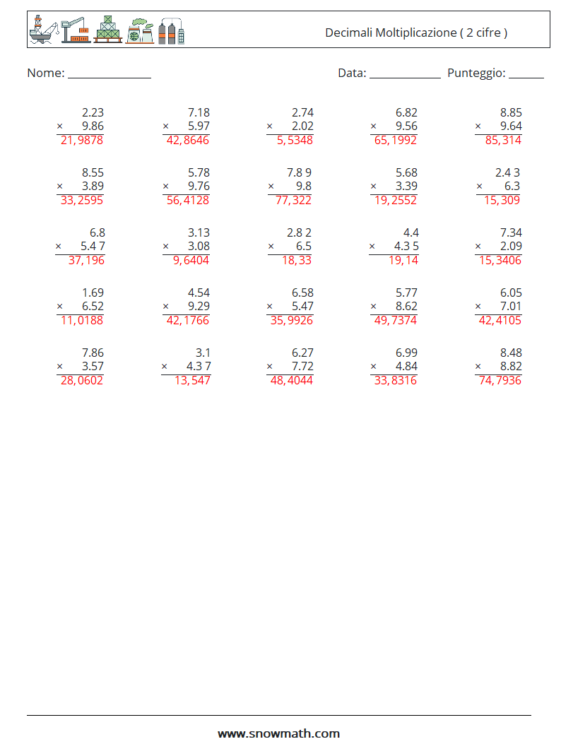 (25) Decimali Moltiplicazione ( 2 cifre ) Fogli di lavoro di matematica 15 Domanda, Risposta