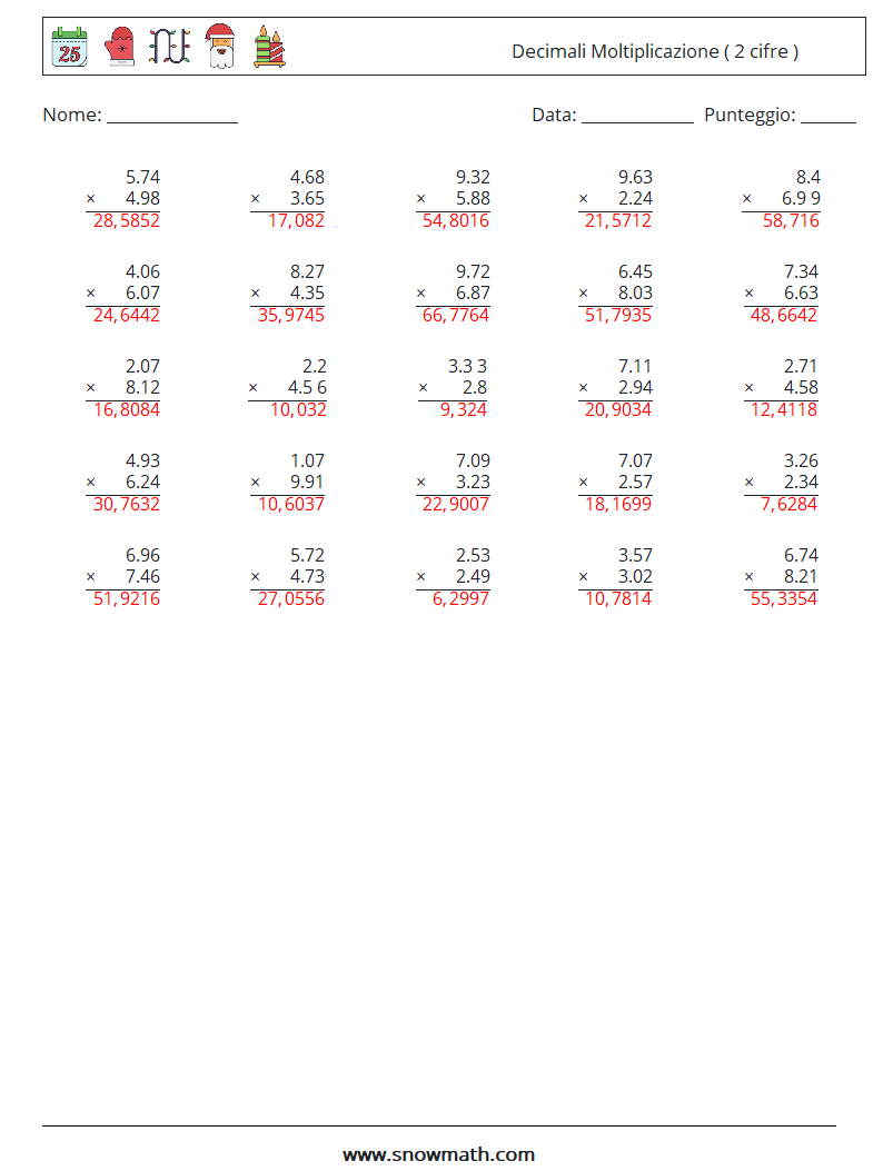 (25) Decimali Moltiplicazione ( 2 cifre ) Fogli di lavoro di matematica 16 Domanda, Risposta