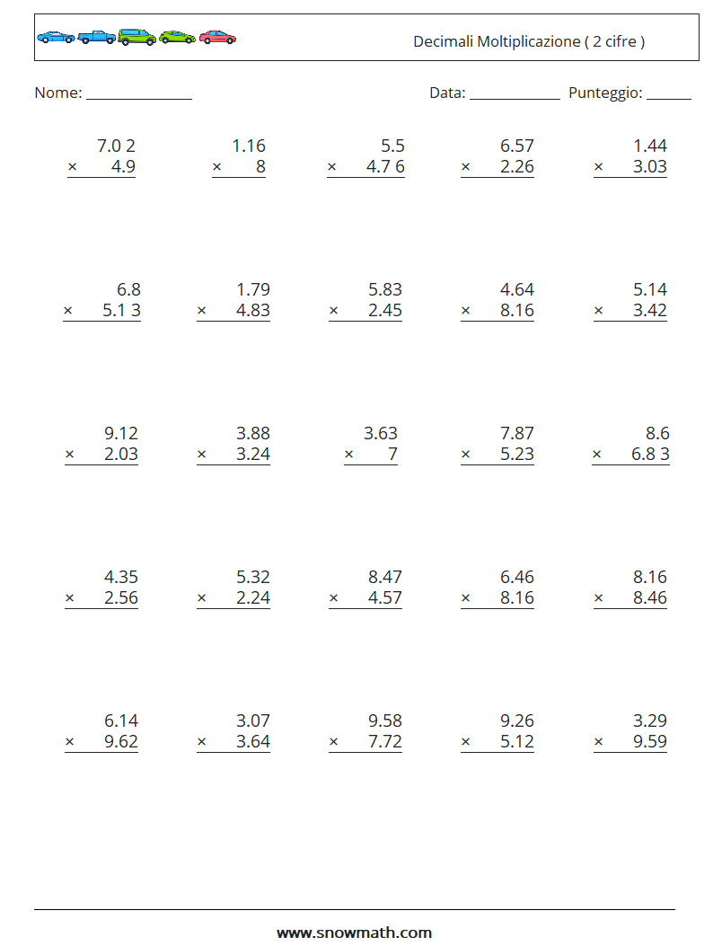 (25) Decimali Moltiplicazione ( 2 cifre ) Fogli di lavoro di matematica 17