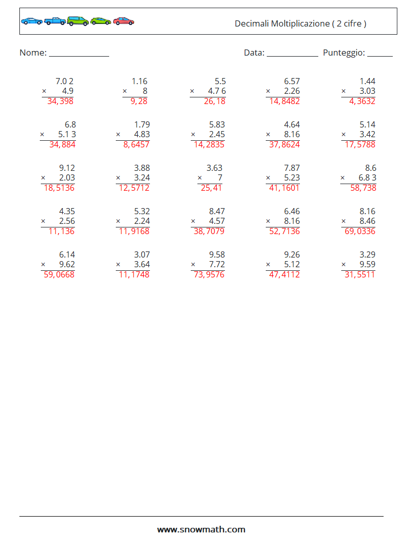(25) Decimali Moltiplicazione ( 2 cifre ) Fogli di lavoro di matematica 17 Domanda, Risposta