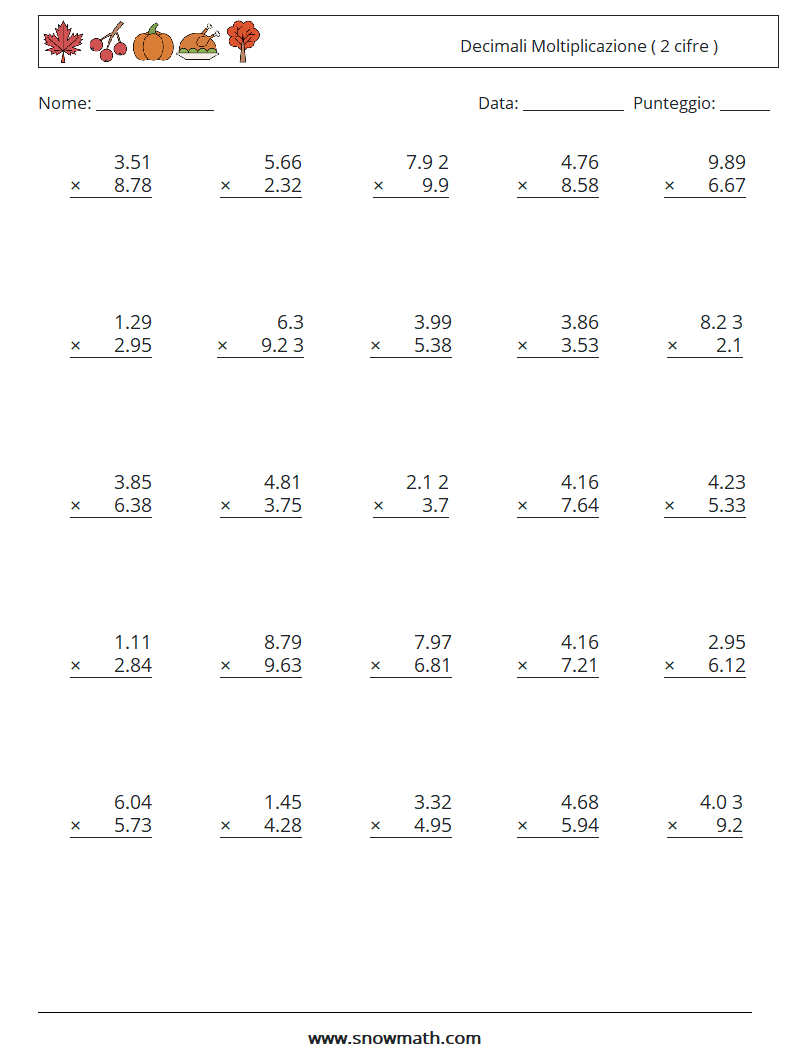 (25) Decimali Moltiplicazione ( 2 cifre ) Fogli di lavoro di matematica 18