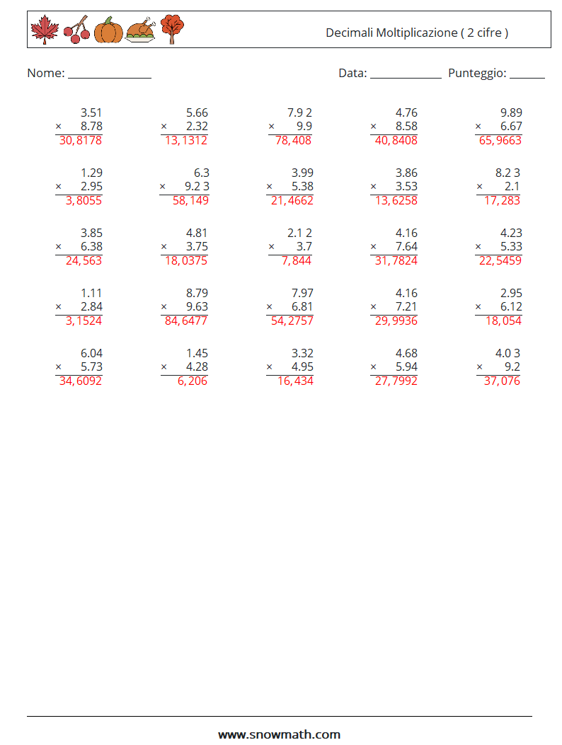 (25) Decimali Moltiplicazione ( 2 cifre ) Fogli di lavoro di matematica 18 Domanda, Risposta