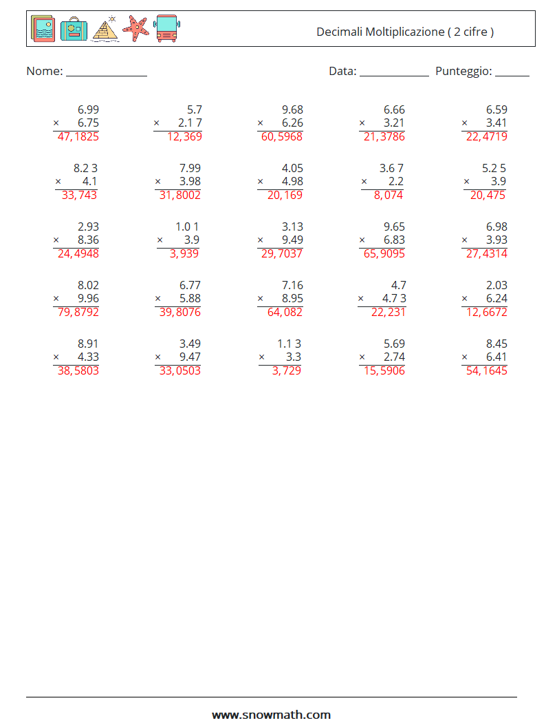 (25) Decimali Moltiplicazione ( 2 cifre ) Fogli di lavoro di matematica 1 Domanda, Risposta