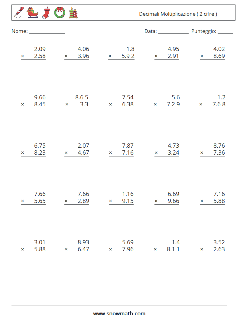 (25) Decimali Moltiplicazione ( 2 cifre ) Fogli di lavoro di matematica 2