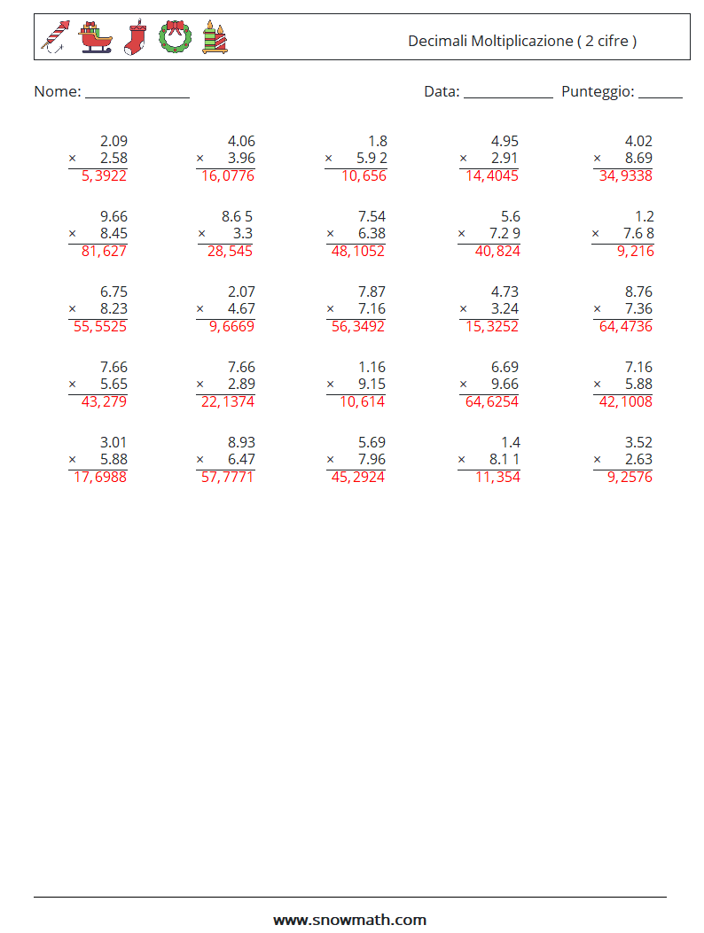 (25) Decimali Moltiplicazione ( 2 cifre ) Fogli di lavoro di matematica 2 Domanda, Risposta