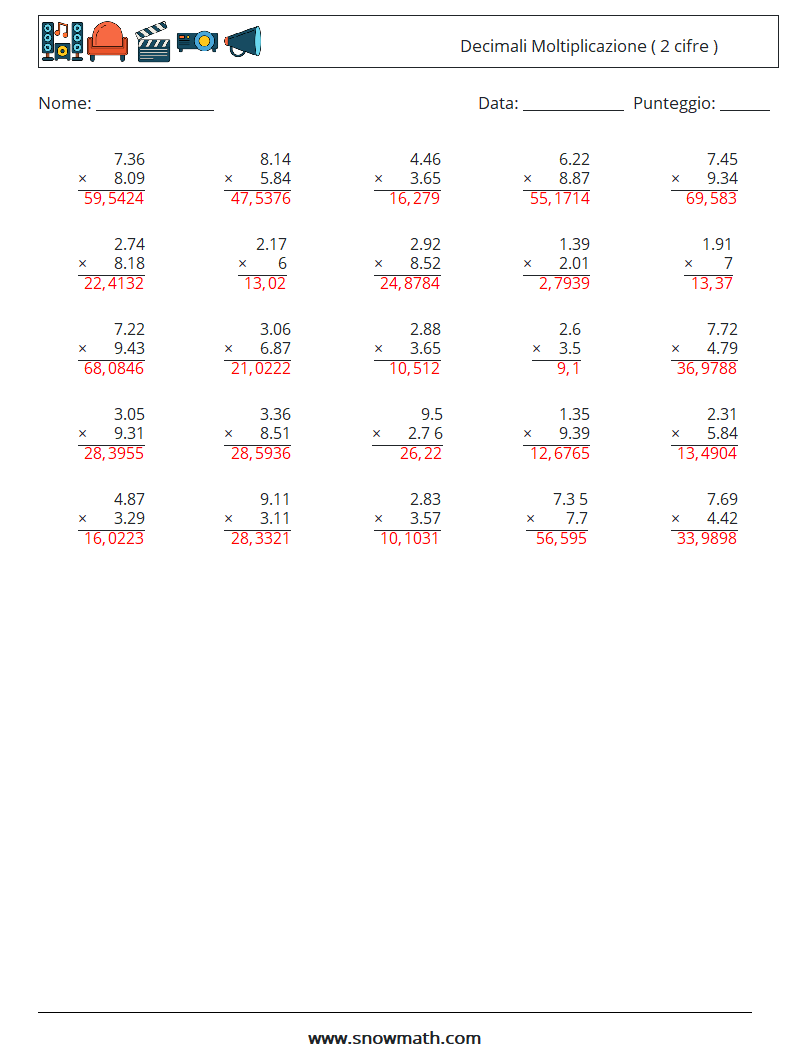 (25) Decimali Moltiplicazione ( 2 cifre ) Fogli di lavoro di matematica 3 Domanda, Risposta