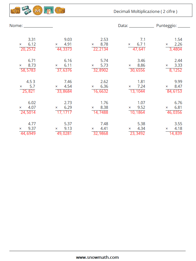 (25) Decimali Moltiplicazione ( 2 cifre ) Fogli di lavoro di matematica 5 Domanda, Risposta