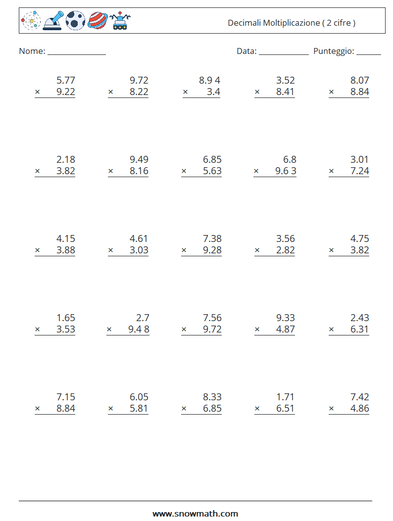 (25) Decimali Moltiplicazione ( 2 cifre ) Fogli di lavoro di matematica 6