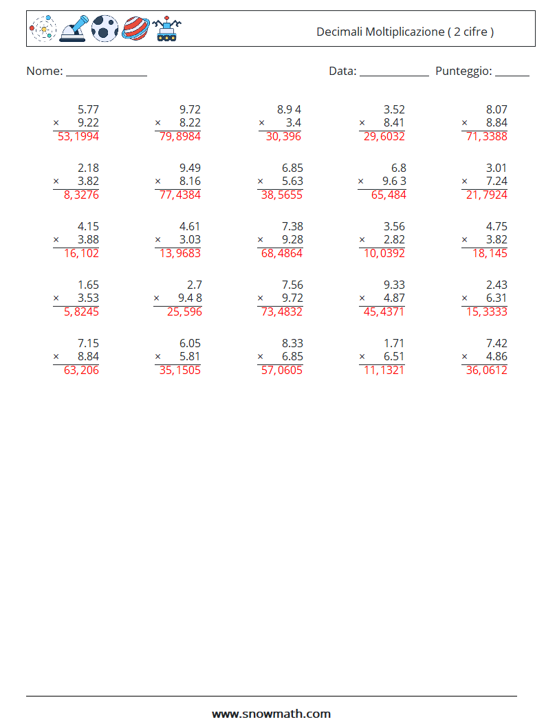 (25) Decimali Moltiplicazione ( 2 cifre ) Fogli di lavoro di matematica 6 Domanda, Risposta