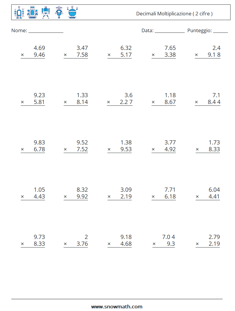 (25) Decimali Moltiplicazione ( 2 cifre ) Fogli di lavoro di matematica 7