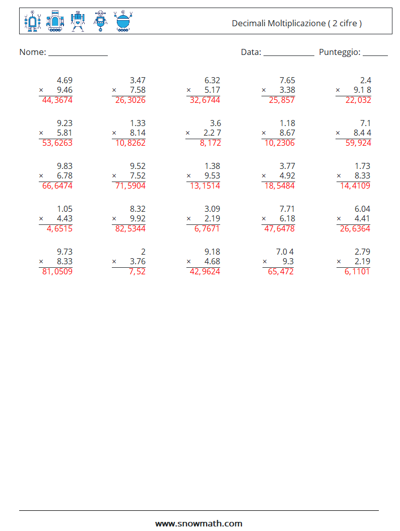 (25) Decimali Moltiplicazione ( 2 cifre ) Fogli di lavoro di matematica 7 Domanda, Risposta