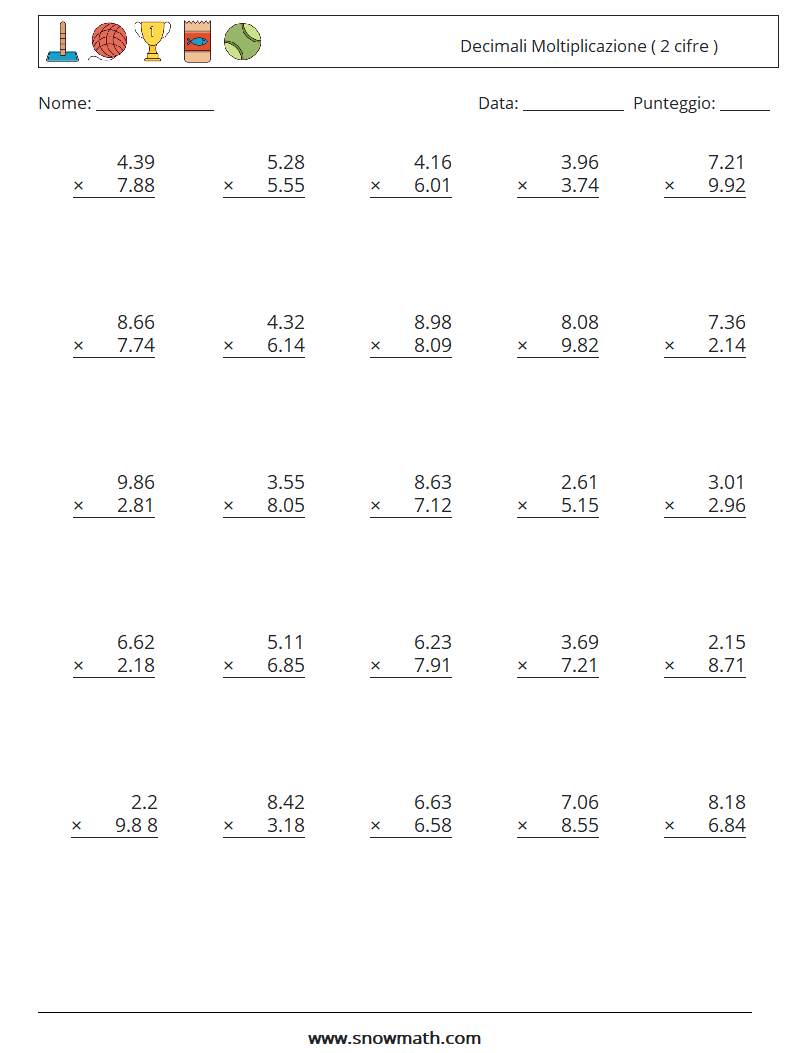 (25) Decimali Moltiplicazione ( 2 cifre ) Fogli di lavoro di matematica 8