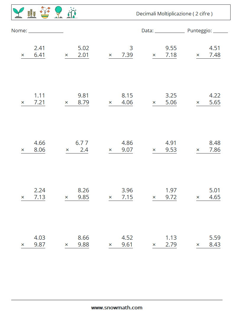 (25) Decimali Moltiplicazione ( 2 cifre ) Fogli di lavoro di matematica 9