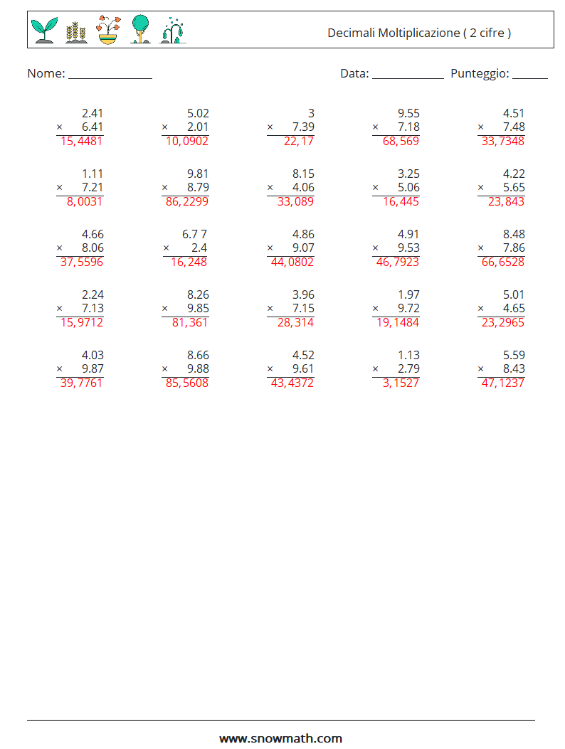 (25) Decimali Moltiplicazione ( 2 cifre ) Fogli di lavoro di matematica 9 Domanda, Risposta