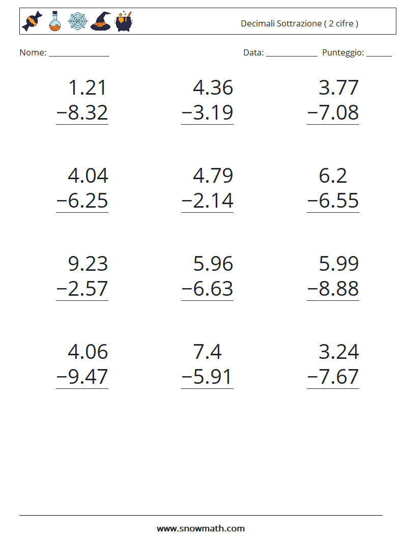 (12) Decimali Sottrazione ( 2 cifre ) Fogli di lavoro di matematica 10