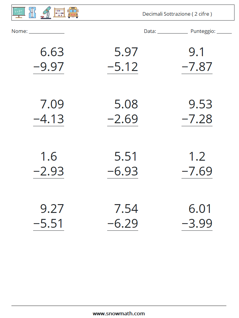 (12) Decimali Sottrazione ( 2 cifre ) Fogli di lavoro di matematica 11