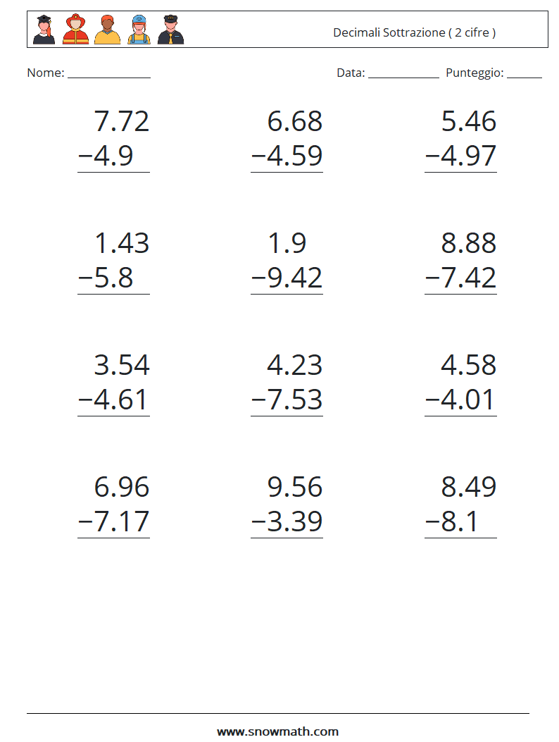 (12) Decimali Sottrazione ( 2 cifre ) Fogli di lavoro di matematica 12