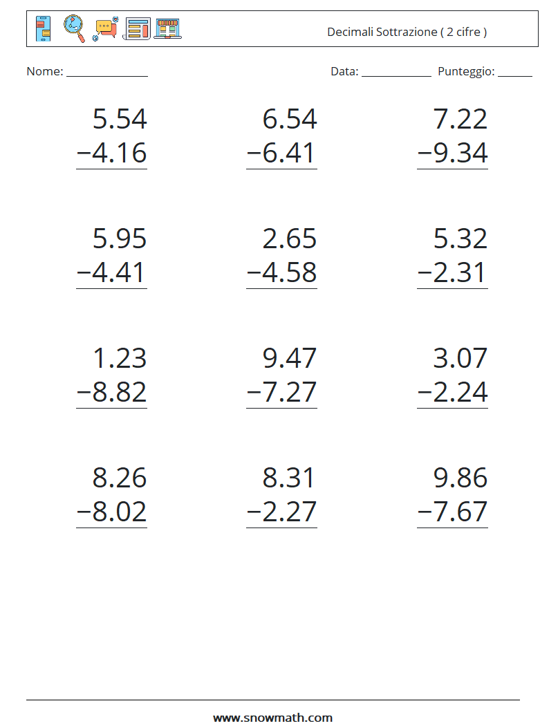 (12) Decimali Sottrazione ( 2 cifre ) Fogli di lavoro di matematica 13