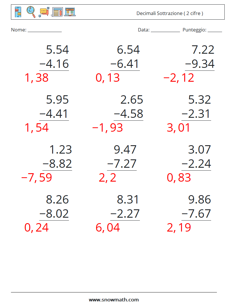 (12) Decimali Sottrazione ( 2 cifre ) Fogli di lavoro di matematica 13 Domanda, Risposta