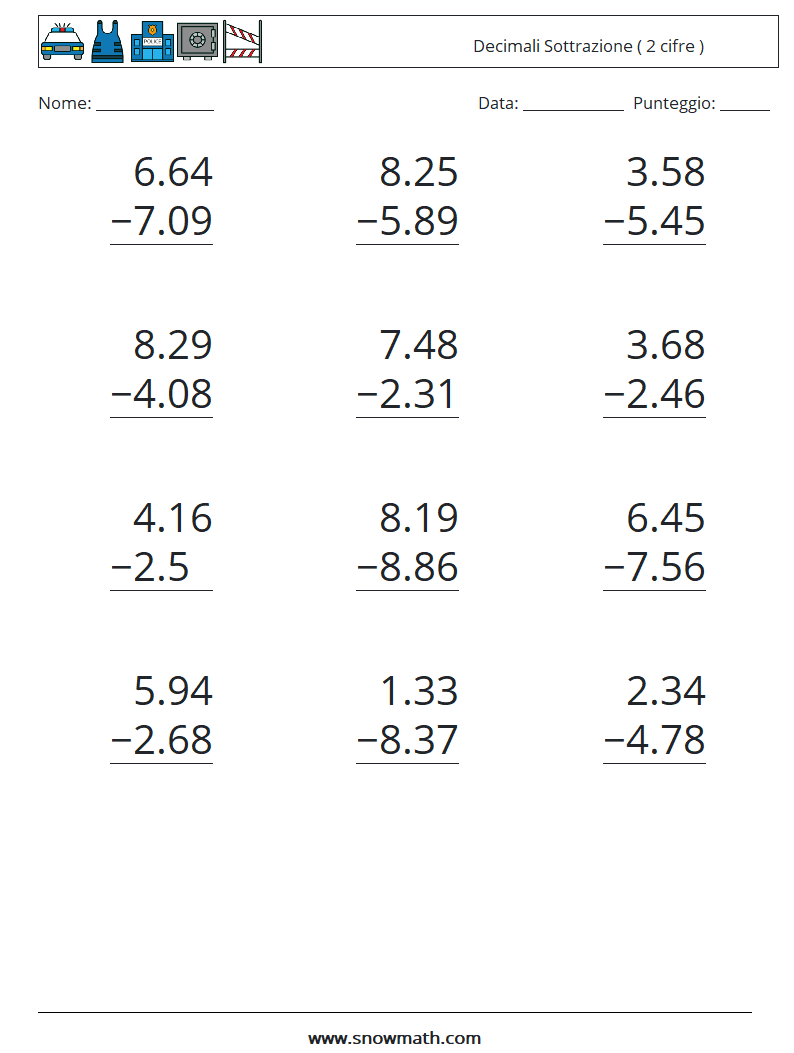 (12) Decimali Sottrazione ( 2 cifre ) Fogli di lavoro di matematica 14