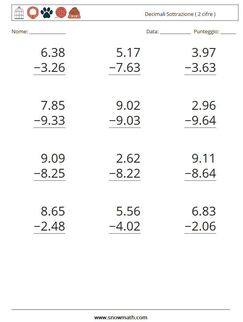 (12) Decimali Sottrazione ( 2 cifre ) Fogli di lavoro di matematica 15