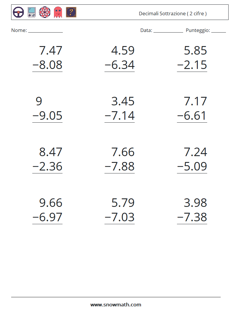 (12) Decimali Sottrazione ( 2 cifre ) Fogli di lavoro di matematica 17