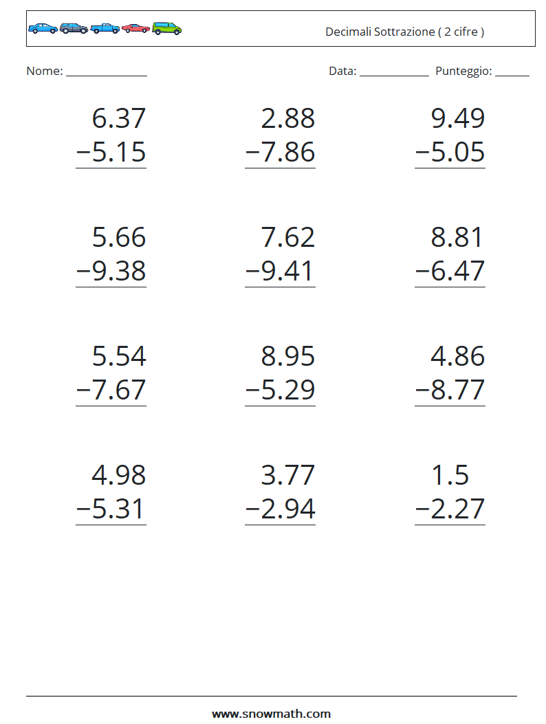 (12) Decimali Sottrazione ( 2 cifre ) Fogli di lavoro di matematica 18