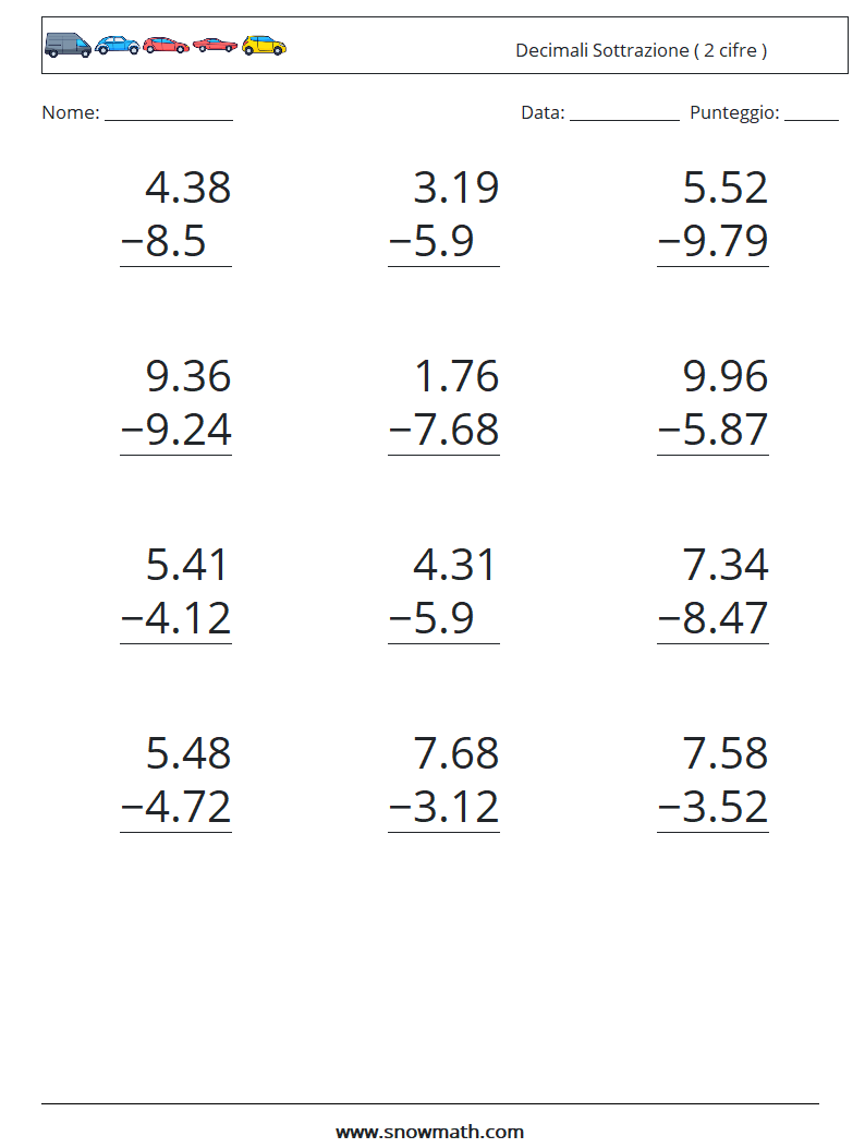 (12) Decimali Sottrazione ( 2 cifre ) Fogli di lavoro di matematica 2