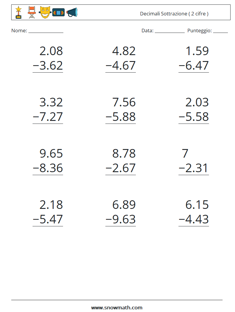 (12) Decimali Sottrazione ( 2 cifre ) Fogli di lavoro di matematica 4