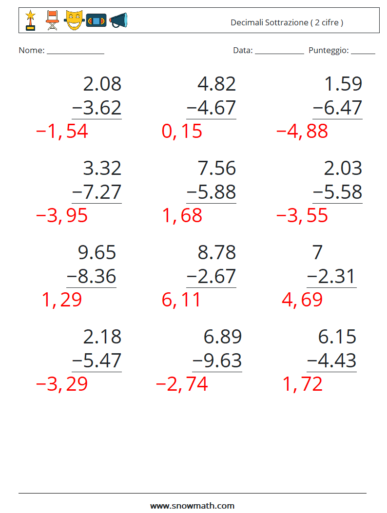 (12) Decimali Sottrazione ( 2 cifre ) Fogli di lavoro di matematica 4 Domanda, Risposta