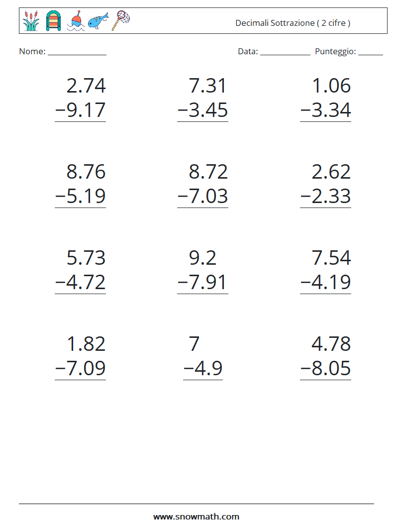 (12) Decimali Sottrazione ( 2 cifre ) Fogli di lavoro di matematica 5