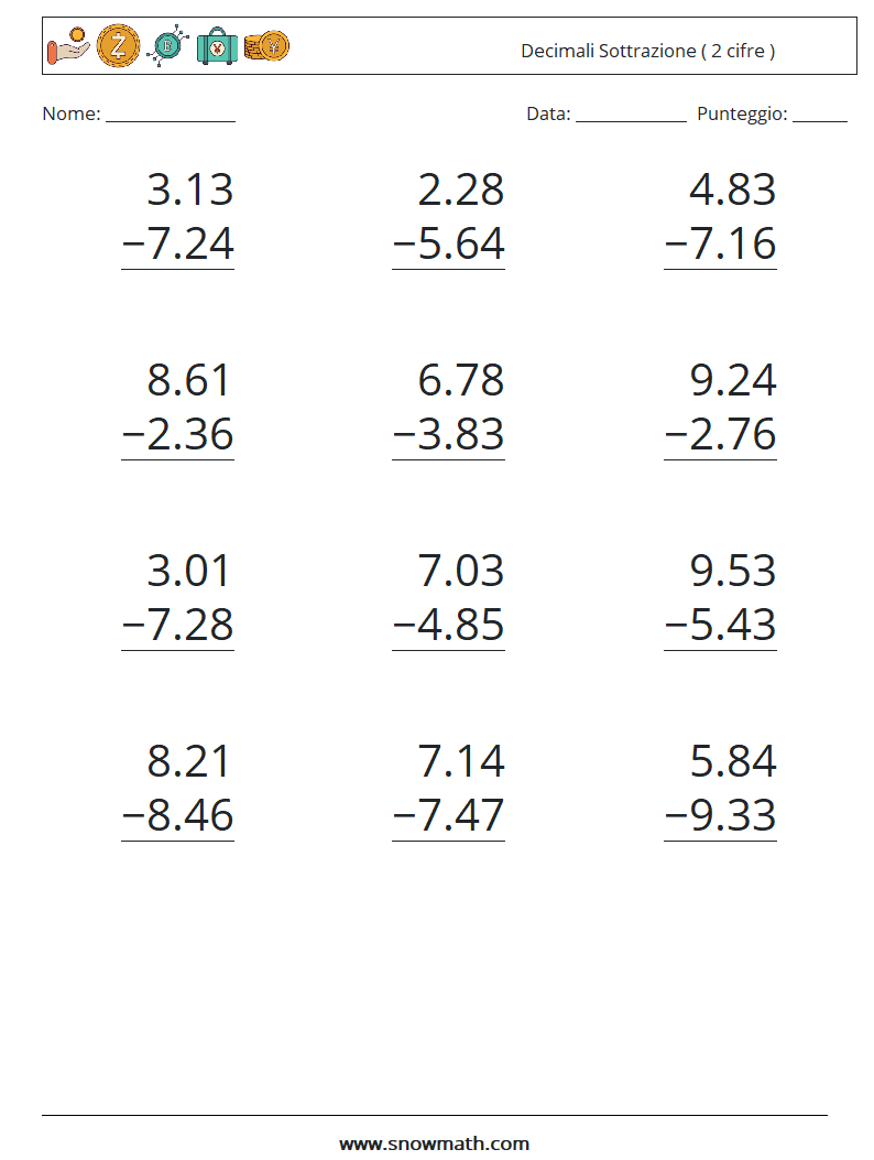 (12) Decimali Sottrazione ( 2 cifre ) Fogli di lavoro di matematica 6