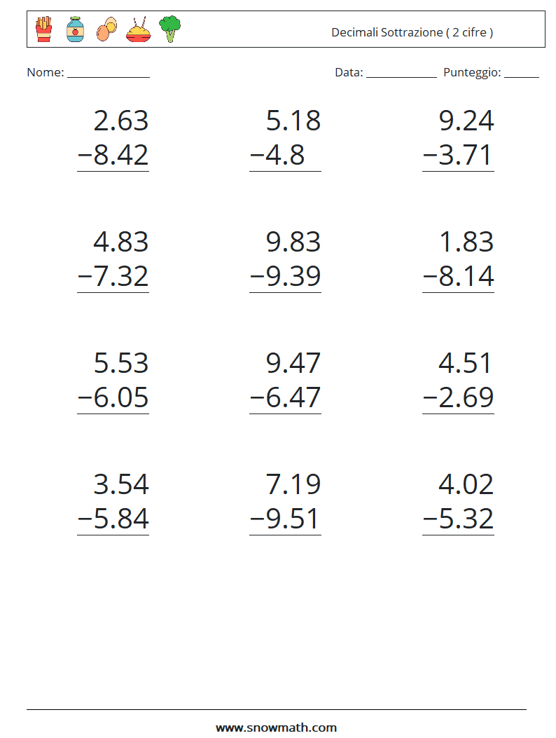 (12) Decimali Sottrazione ( 2 cifre ) Fogli di lavoro di matematica 7