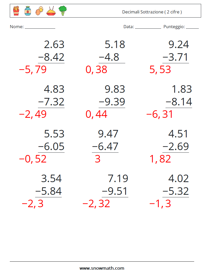 (12) Decimali Sottrazione ( 2 cifre ) Fogli di lavoro di matematica 7 Domanda, Risposta