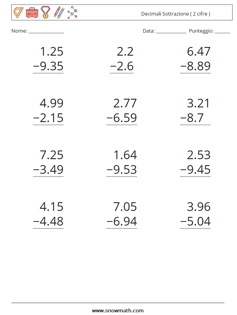 (12) Decimali Sottrazione ( 2 cifre ) Fogli di lavoro di matematica 8