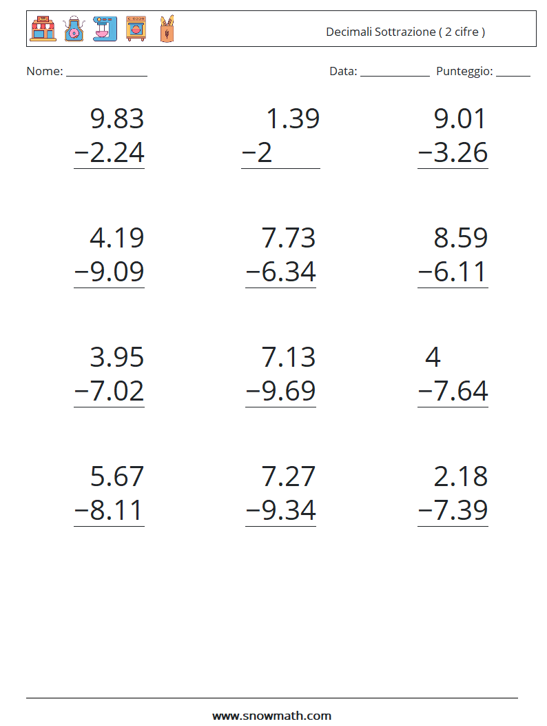 (12) Decimali Sottrazione ( 2 cifre ) Fogli di lavoro di matematica 9