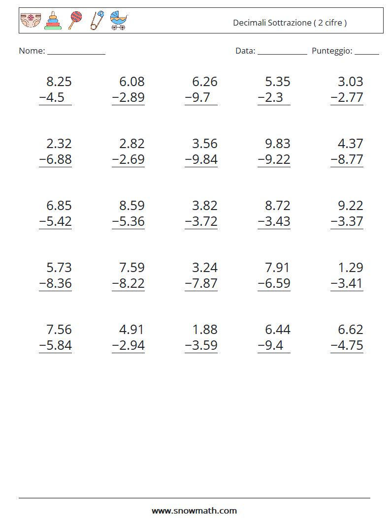 (25) Decimali Sottrazione ( 2 cifre ) Fogli di lavoro di matematica 1